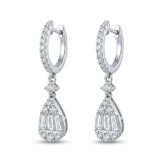 18K 0.87cttw Baguette & Round White Diamonds Drop Earrings