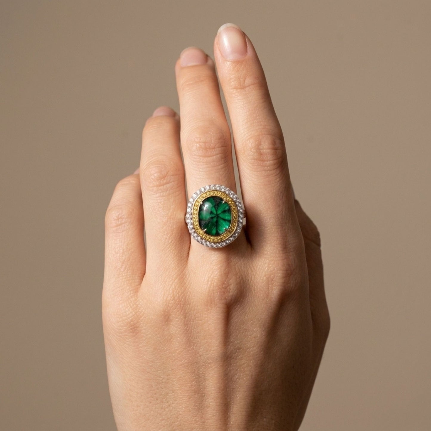 14K 5.11ct Trapiche Emerald 0.75cttw Yellow & White Diamonds Ring
