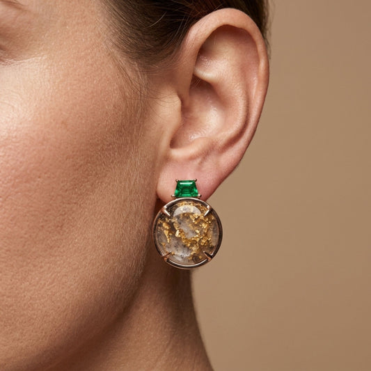 14K 10.90cttw Round Natural Gold Quartz 0.50cttw Fancy Cut Tsavorite Stud Earrings