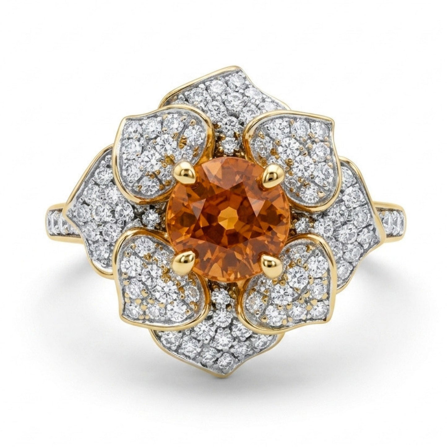14K 1.23ct Round Mandarin Garnet 0.66cttw VS White Diamonds Flower Ring