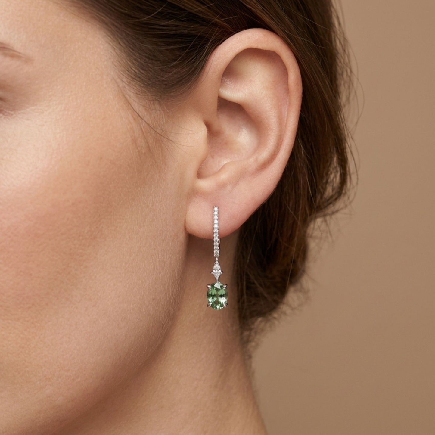 18K 1.87cttw Oval Green Paraiba 0.32cttw VS White Diamonds Drop Earrings