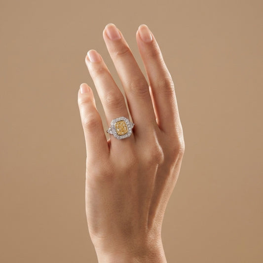 18K 3.02ct Cushion VS Yellow Diamond 1.26cttw Fancy Cut & Round VS White Diamonds Ring
