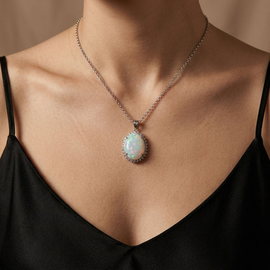 Platinum 4.24ct Oval Australian Opal 0.56cttw White Diamonds Necklace