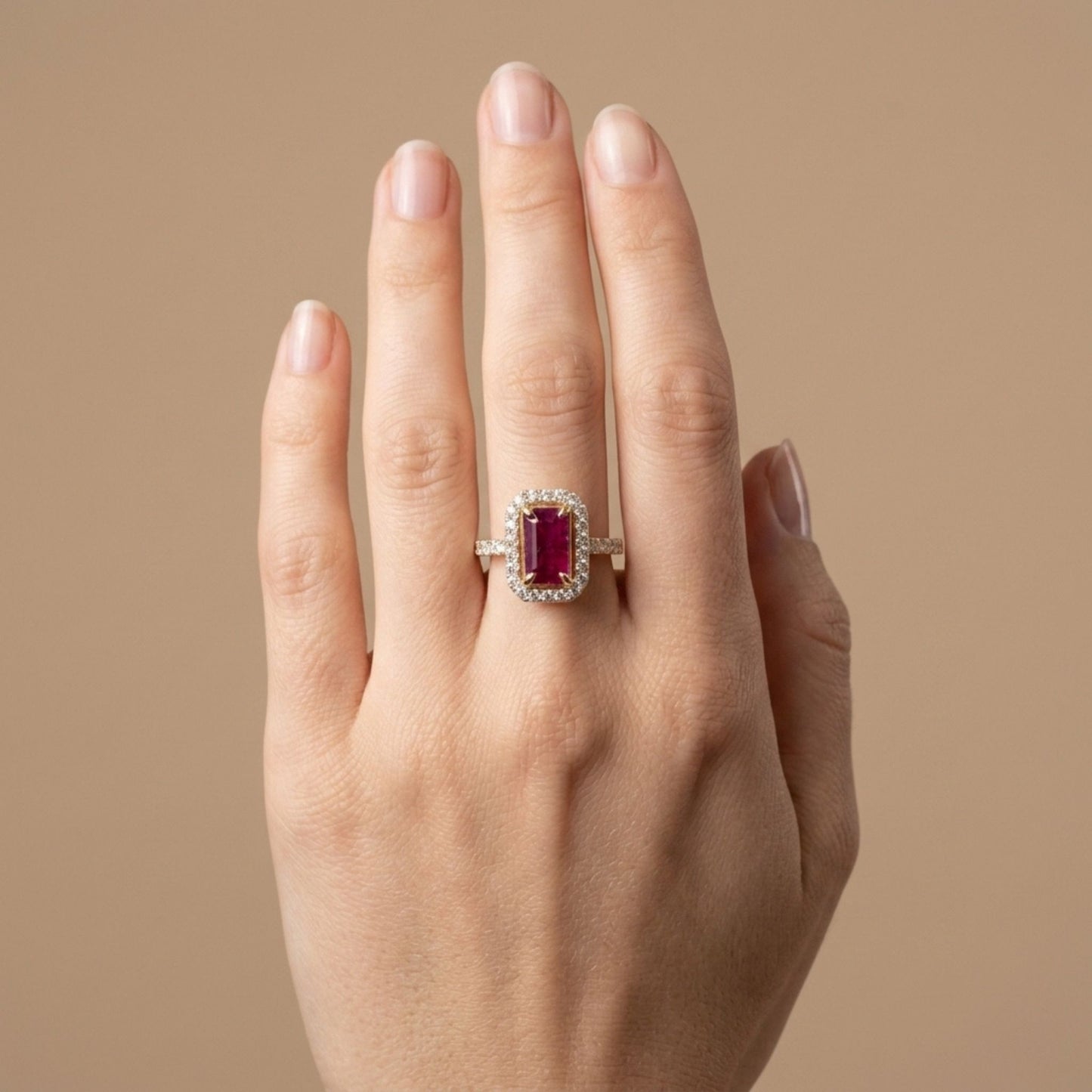 14K 2.11ct Emerald Cut Burma Ruby 0.73cttw VS White Diamonds Ring