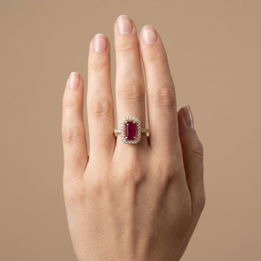 14K 2.11ct Emerald Cut Burma Ruby 0.73cttw VS White Diamonds Ring