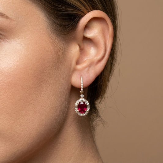 18K 2.76cttw Oval Burma Ruby 0.62cttw VS White Diamonds Drop Earrings