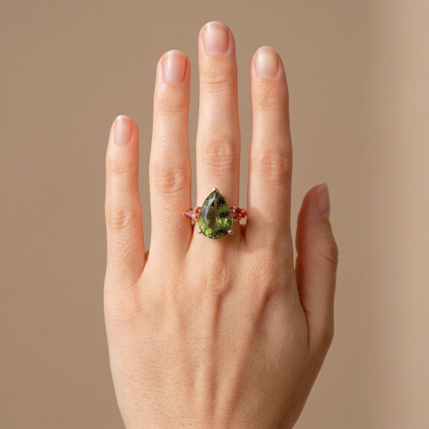 18K 11.39ct Oval Green Paraiba 1.53cttw Pear Shape Mandarin Garnet Ring