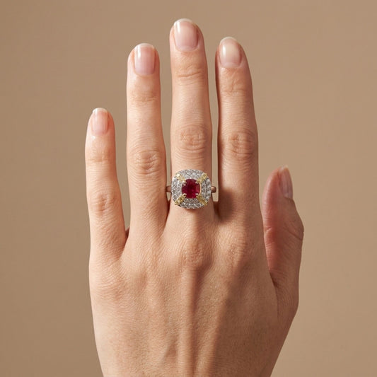 14K 1.42ct Cushion Burma Ruby 0.87cttw VS Yellow & White Diamonds Ring
