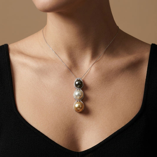 14K 13-11mm Mulit-Color Pearl 0.38cttw VS White Diamonds Pendant