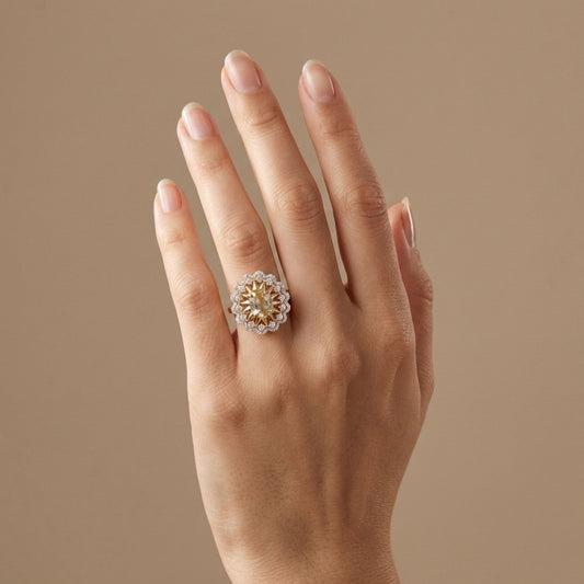 14K 2.50ct Oval Unheated Yellow Sapphire 0.77cttw VS White Diamonds Ring