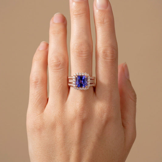 14K 2.60ct Asscher Cut Blue Wing Tanzanite 0.91cttw VS White Diamonds Ring