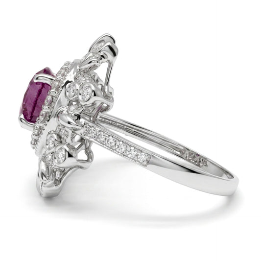 14K gold oval unheated purple sapphire ring with VS white diamonds