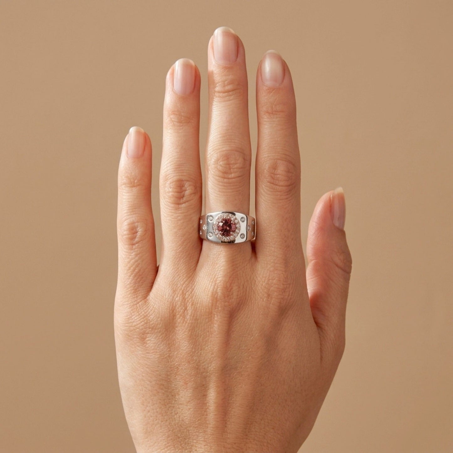 14K 1.20ct Round Pink Zircon 0.29cttw Pink Diamond 0.28cttw VS White Diamonds Ring