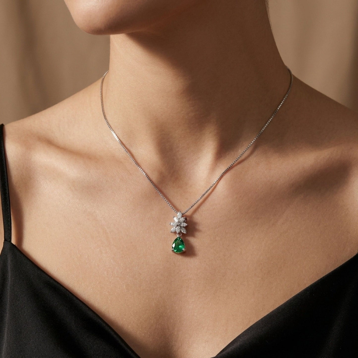 Platinum 0.70ct Pear Shape Colombian Emerald 0.38cttw White Diamonds Necklace