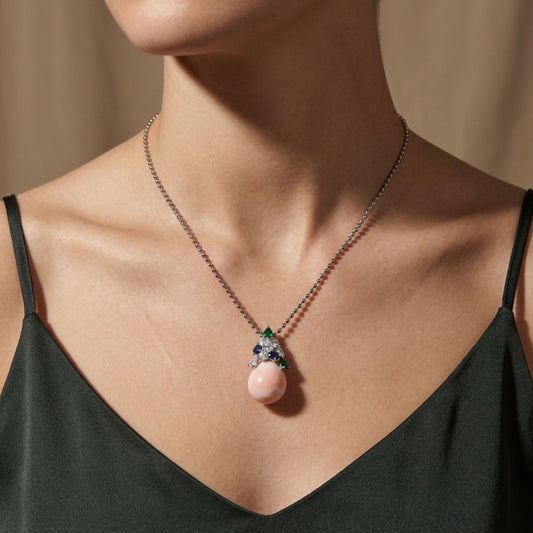 Platinum 13.42ct Round Conch Pearl 1.16cttw Blue Sapphire, Colombian Emerald, and White Diamonds Necklace