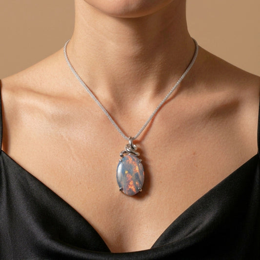 Platinum 12.61ct Oval Black Opal Necklace