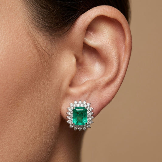 18K 3.44cttw Emerald Cut Colombian Emerald 1.30cttw White Diamonds Stud Earrings