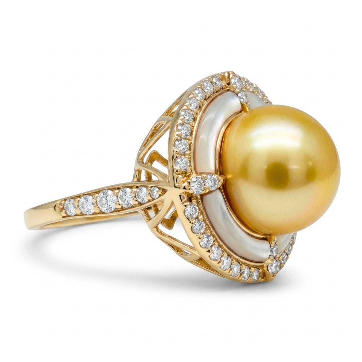 14K 10.5mm South Sea Golden Pearl 0.92ct Free Form Mother of Pearl 0.46cttw White Diamonds Ring
