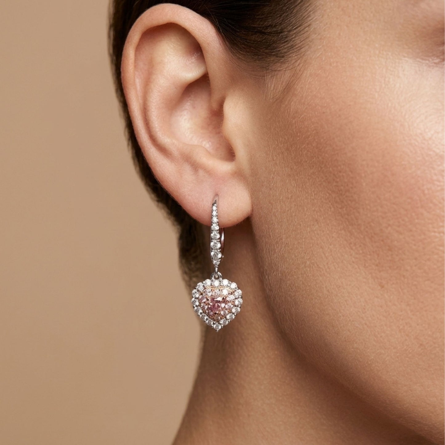 18K 0.15cttw Heart Shape Purple Diamond 0.59cttw Pink & White Diamonds Drop Earrings