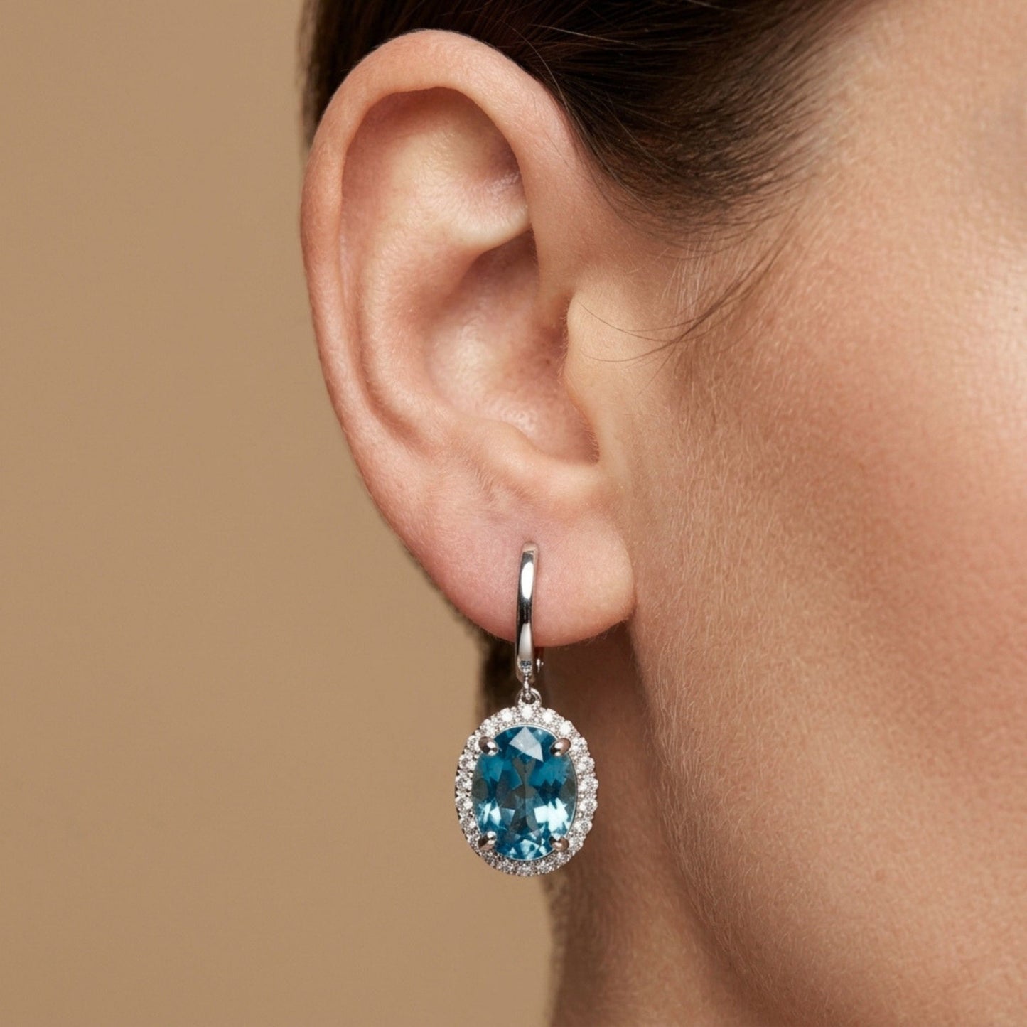 14K 10.52cttw Oval Private Collection Blue Zircon 0.80cttw VS White Diamonds Drop Earrings