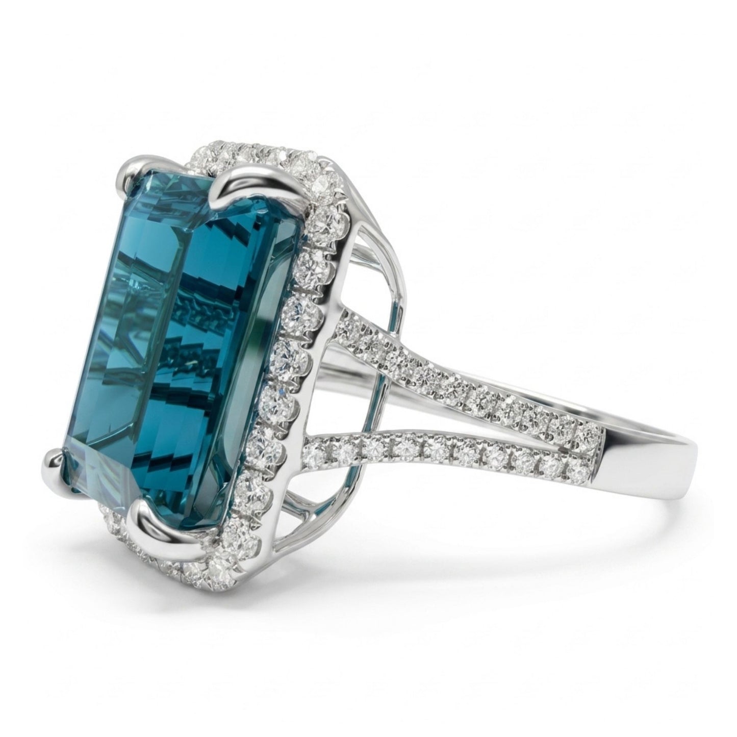 14k 10.35ct Emerald Cut Private Collection Indicolite 0.80cttw VS White Diamonds Ring