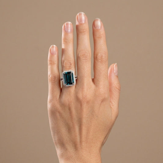 14k 10.35ct Emerald Cut Private Collection Indicolite 0.80cttw VS White Diamonds Ring