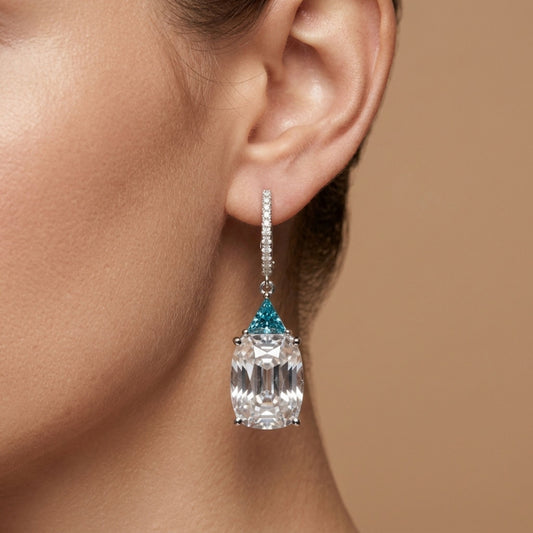 14K 20.80cttw Cushion White Zircon 1.08cttw Trilliant Blue Zircon 0.17cttw White Diamonds Drop Earrings