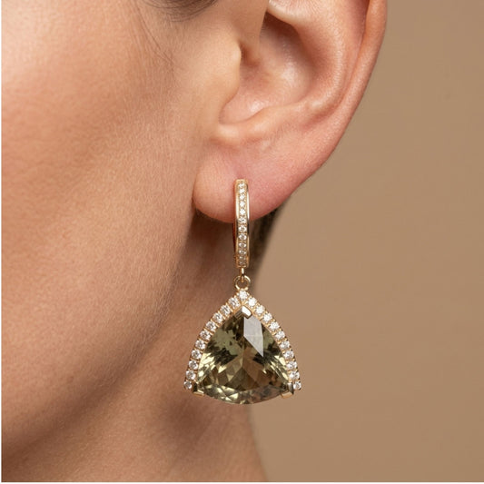 14K 41.64cttw Trilliant Color Change Diaspore 0.87cttw White Diamonds Drop Earrings