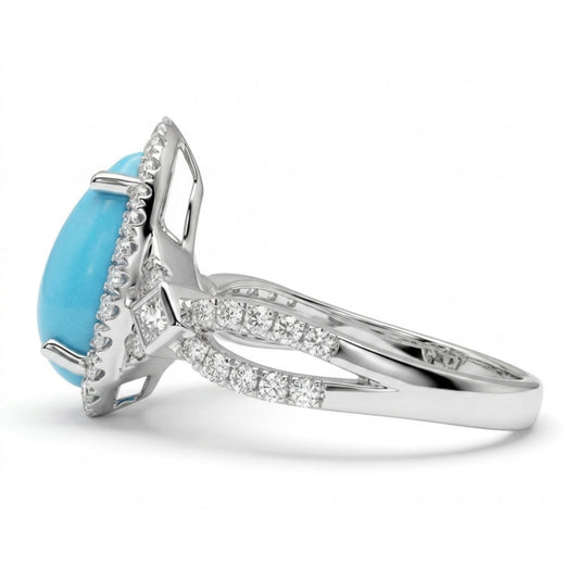 14K 2.16ct Pear Shape Sleeping Beauty Turquoise 0.44cttw White Diamonds Ring