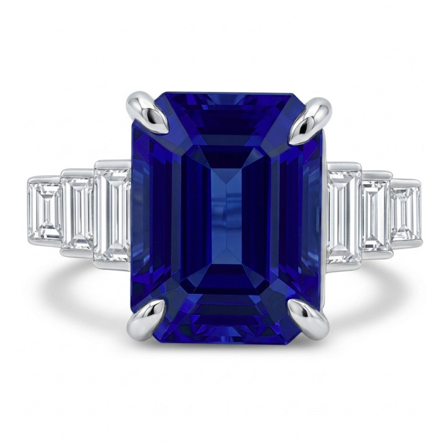 14K 7.04ct Emerald Cut Blue Wing Tanzanite 0.75cttw Baguette White Diamond Ring