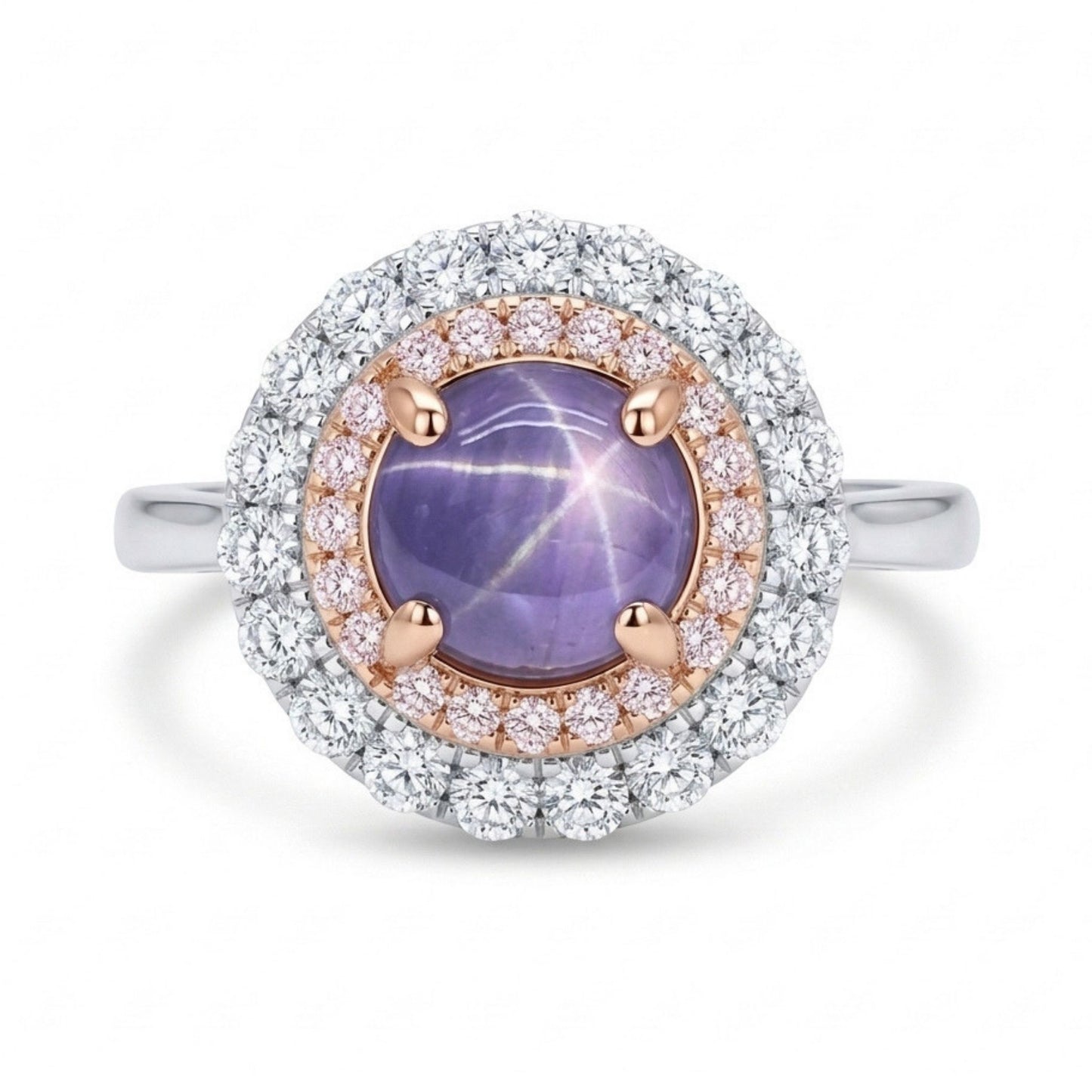 14K 1.75ct Round Unheated Star Sapphire 0.65cttw Pink & White Diamonds Ring
