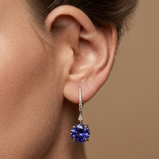18K 10.72cttw Round Blue Wing Tanzanite 0.18cttw White Diamonds Drop Earrings
