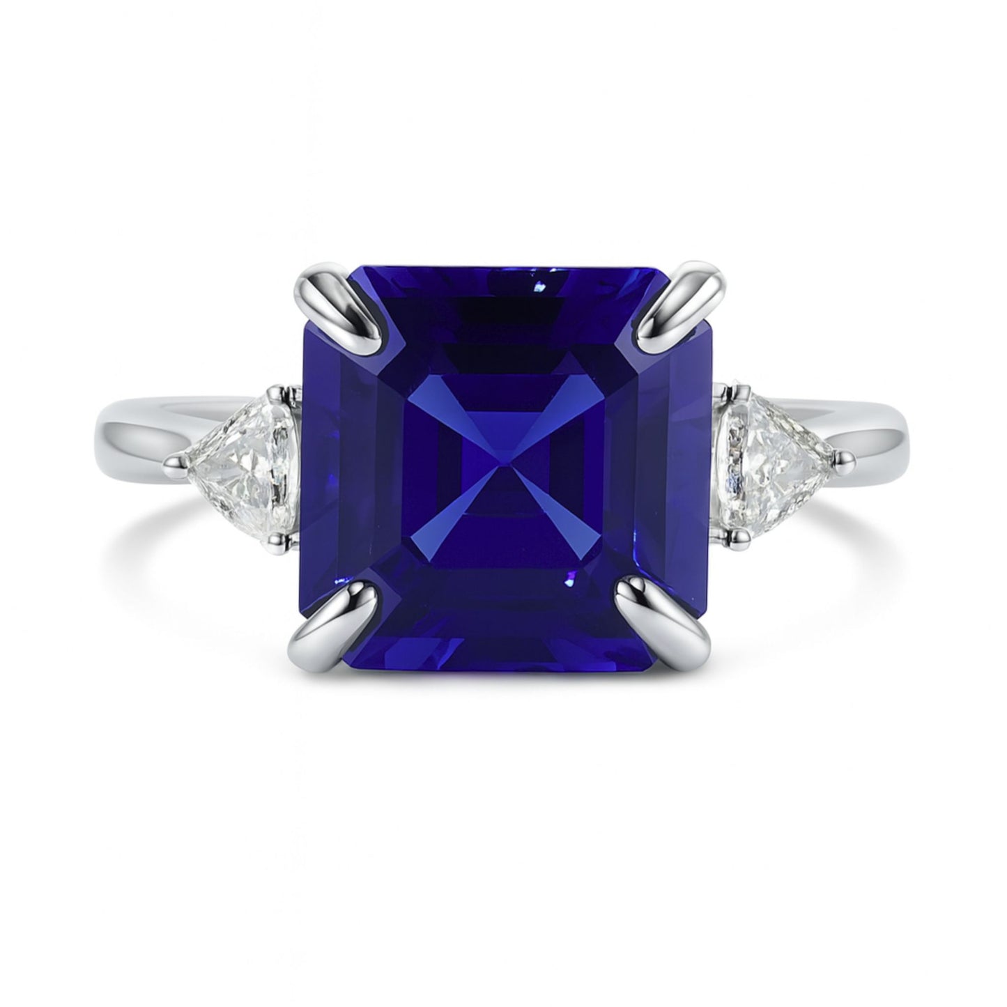 14K 6.48ct Asscher Cut Blue Wing Tanzanite 0.27cttw VS Trilliant White Diamonds Ring