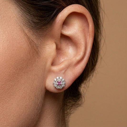 14K 0.14cttw Round Mahenge Pink Spinel 0.6cttw White Diamonds Stud Earrings