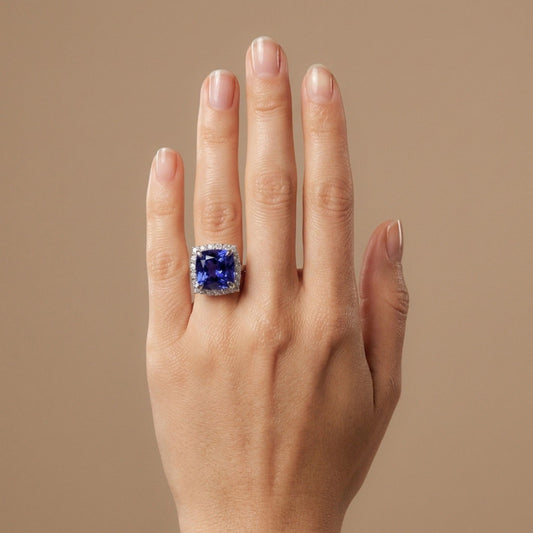 14K 10.40ct Cushion Blue Wing Tanzanite 1.19cttw VS White Diamonds Ring
