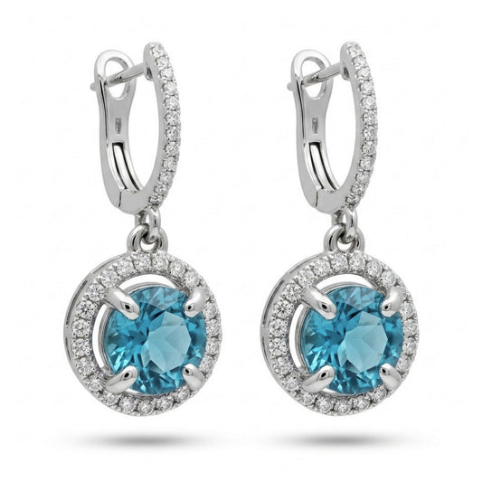 14K 6.60cttw Round Blue Zircon 0.72cttw VS White Diamonds Drop Earrings