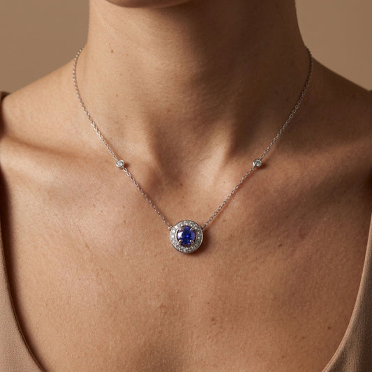 14K 0.60ct Round Blue Wing Tanzanite 0.33cttw VS White Diamonds Necklace
