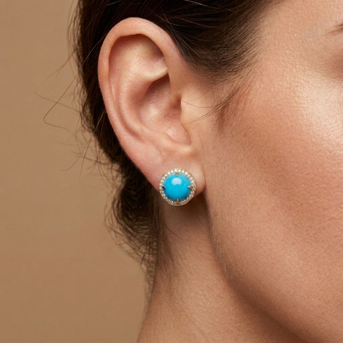 14K 6.50cttw Round Sleeping Beauty Turquoise 0.37cttw VS White Diamonds Stud Earrings