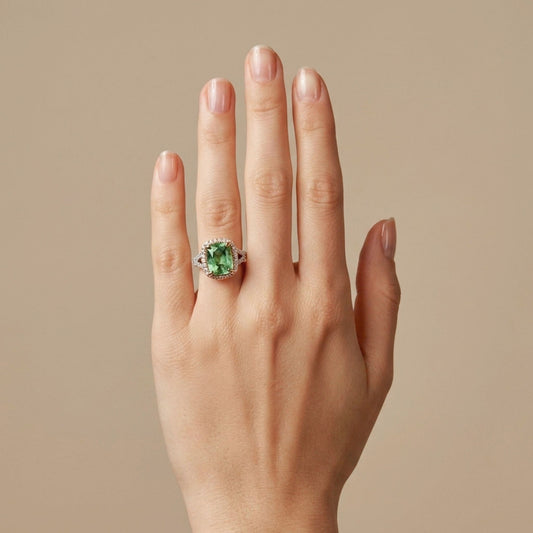 18K 4.77ct Cushion Green Paraiba 0.84cttw White Diamonds Ring