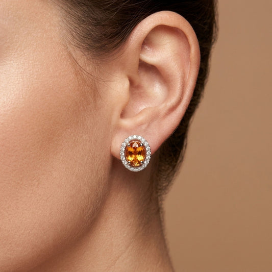 14K 2.96cttw Oval Mandarin Garnet 0.40cttw White Diamonds Stud Earrings