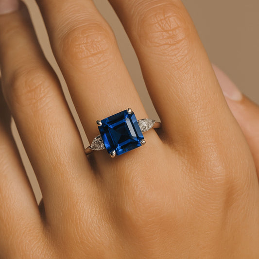 14K 4.25ct Asscher Cut Blue Wing Tanzanite 0.47cttw Pear Shape VS White Diamonds Ring