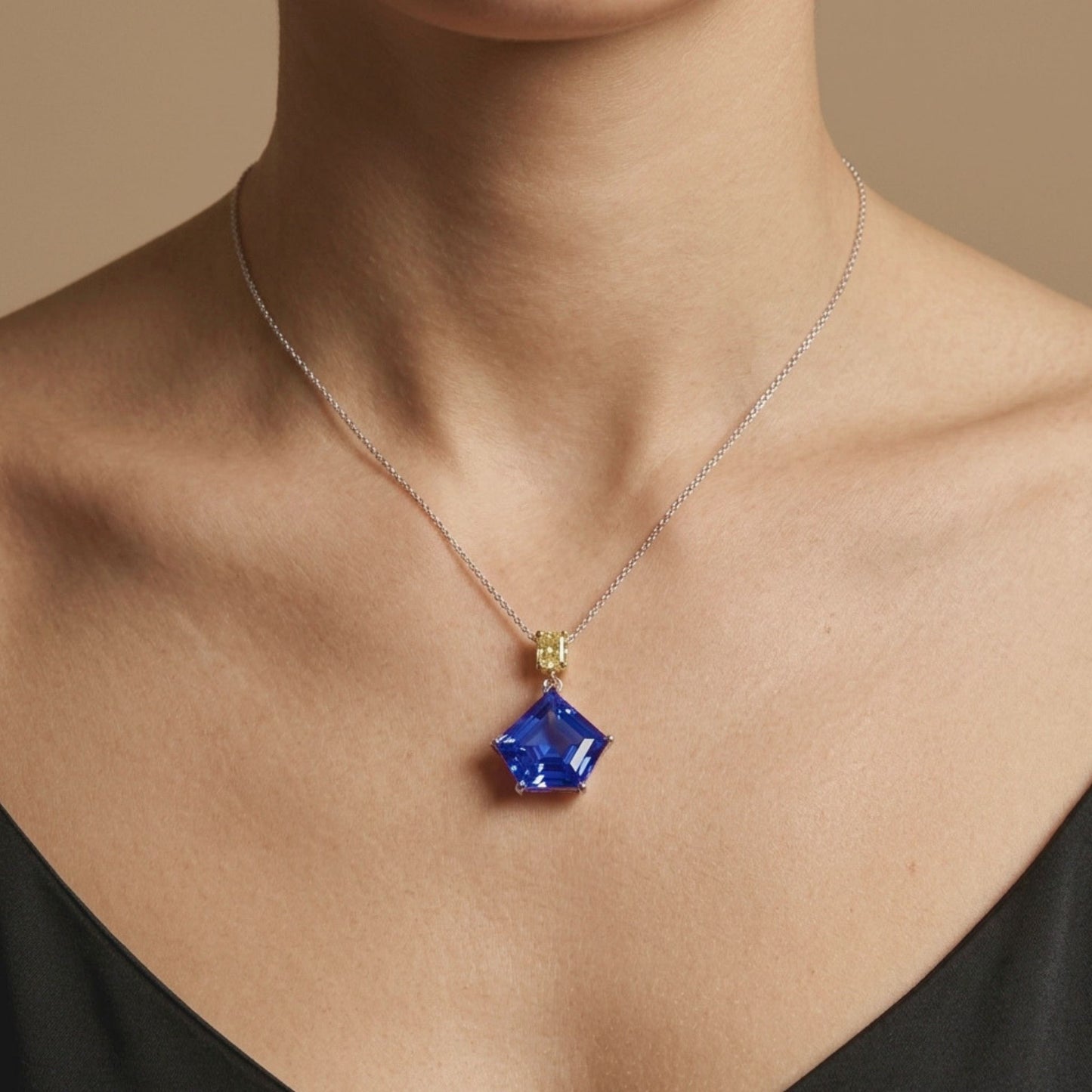 14K 8.42ct Fancy Cut Blue Wing Tanzanite 0.45cttw Cushion VS Yellow Diamond Pendant