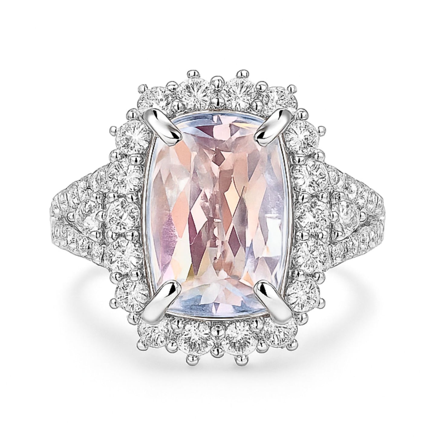 14K 3.70ct Cushion Rainbow Moonstone 1.42cttw VS White Diamonds Ring
