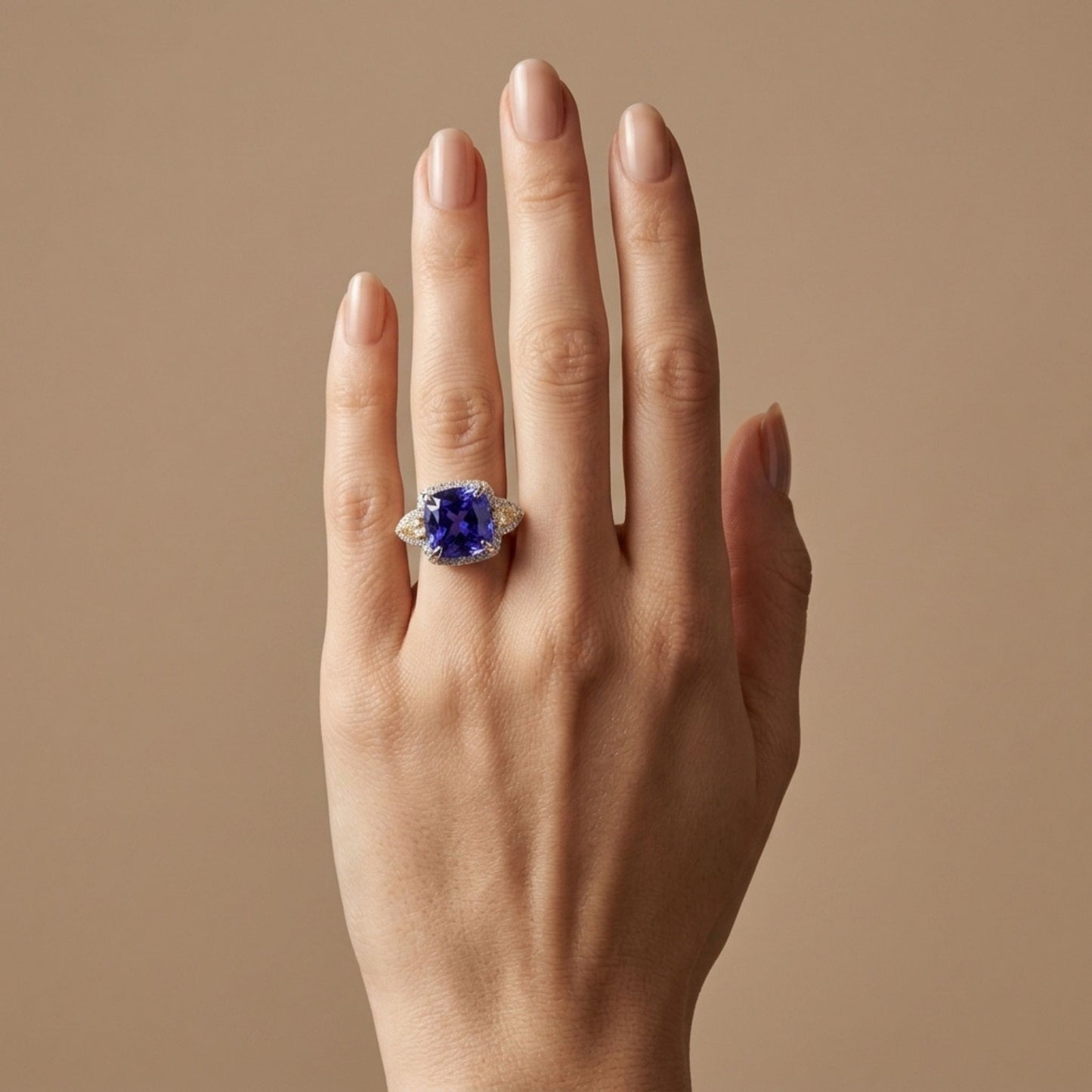 14K 10.90ct Cushion Blue Wing Tanzanite 1.16cttw Yellow & White Diamonds Ring