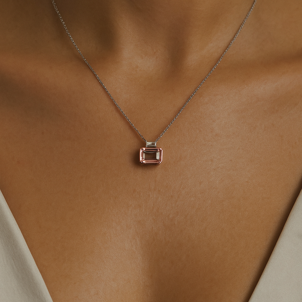 14K 1.82ct Emerald Cut Pink Morganite 0.19cttw Baguette VS White Diamond Pendant