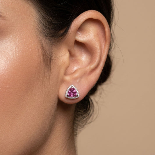 14K 1.66cttw Trilliant Pink Sapphire 0.19cttw VS White Diamonds Stud Earrings