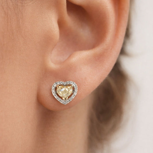 14K 0.84cttw Heart Shape VS Yellow Diamond 0.15cttw VS White Diamonds Stud Earrings