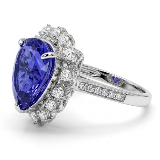 14K 6.97ct Trilliant Blue Wing Tanzanite 0.41cttw VS White Diamonds Ring