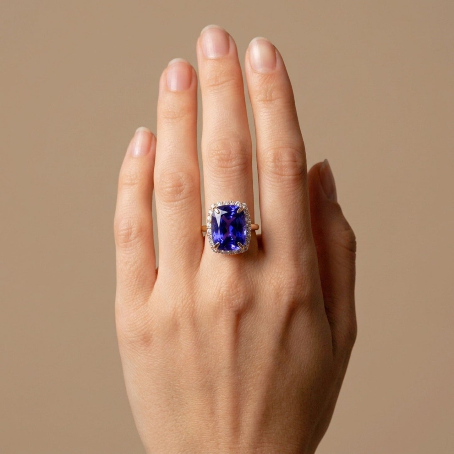 14K 12.88ct Cushion Blue Wing Tanzanite 0.97cttw VS White Diamonds Ring