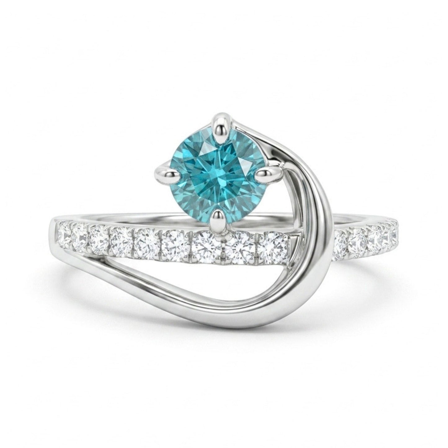 14K 0.60ct Round Blue Zircon 0.26cttw VS White Diamonds Ring